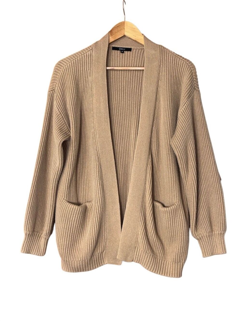 Quince 100% Organic Cotton Oversized Cardigan camel open front pockets small